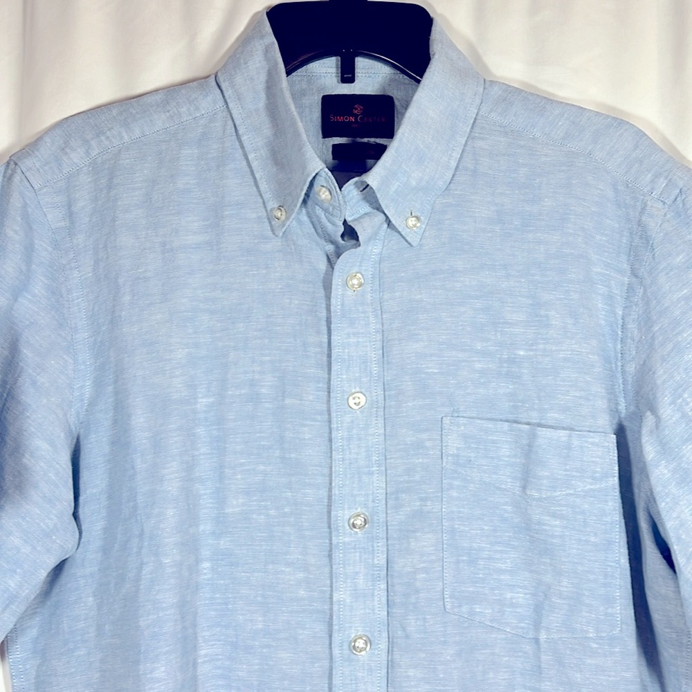 Simon Carter Men’s Linen Blue Buttondown Short Sleeve Shirt Size L